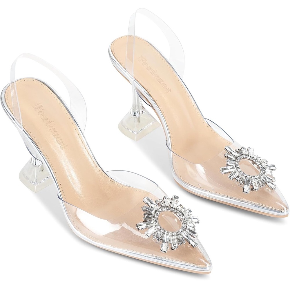 Clear Heels Shoes Slingback Crystal Rhinestones Pointed Toe Shoes High Heel